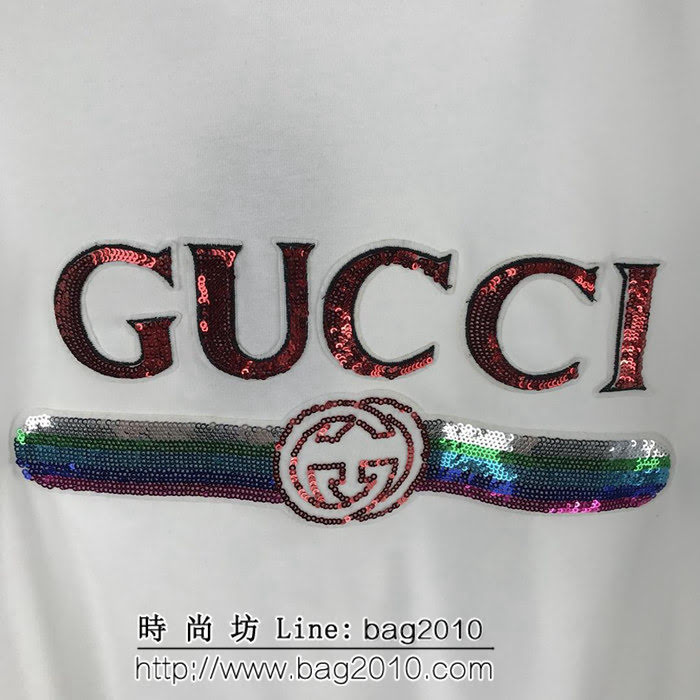 GUCCI古馳 19ss早春新款 燙金亮片LOGO 雙股絲光棉 白色短袖 情侶款 ydi1969